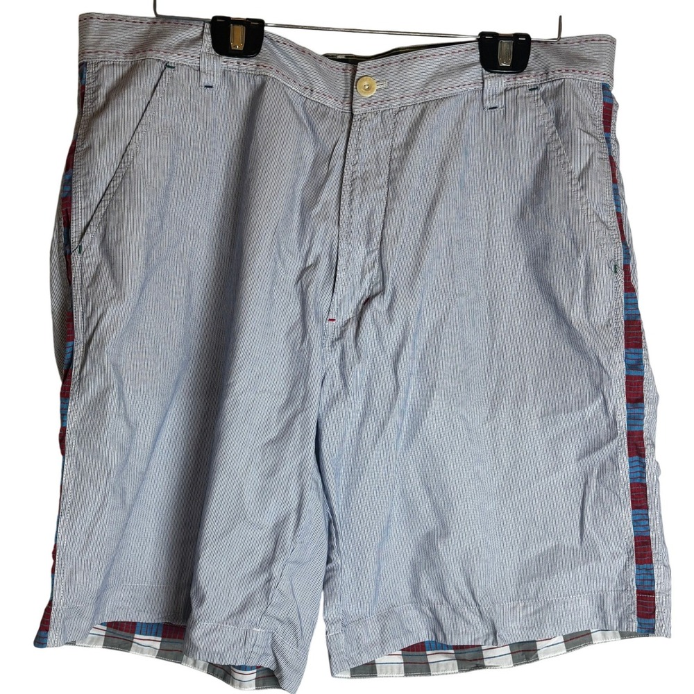 Robert Graham Mens Blue White Striped Shorts Contrast Side Tape Size 38 Cotton